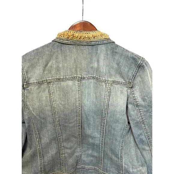 Elie Tahari Womens Beaded Collar Denim Jacket Floral Lining Button Front Size L - Picture 8 of 16
